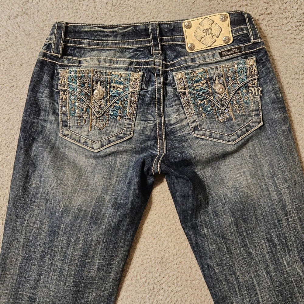 Miss Me Signature Bootcut Jeans 29 x 35 Dark Wash Embellished Bead Flap Pocket